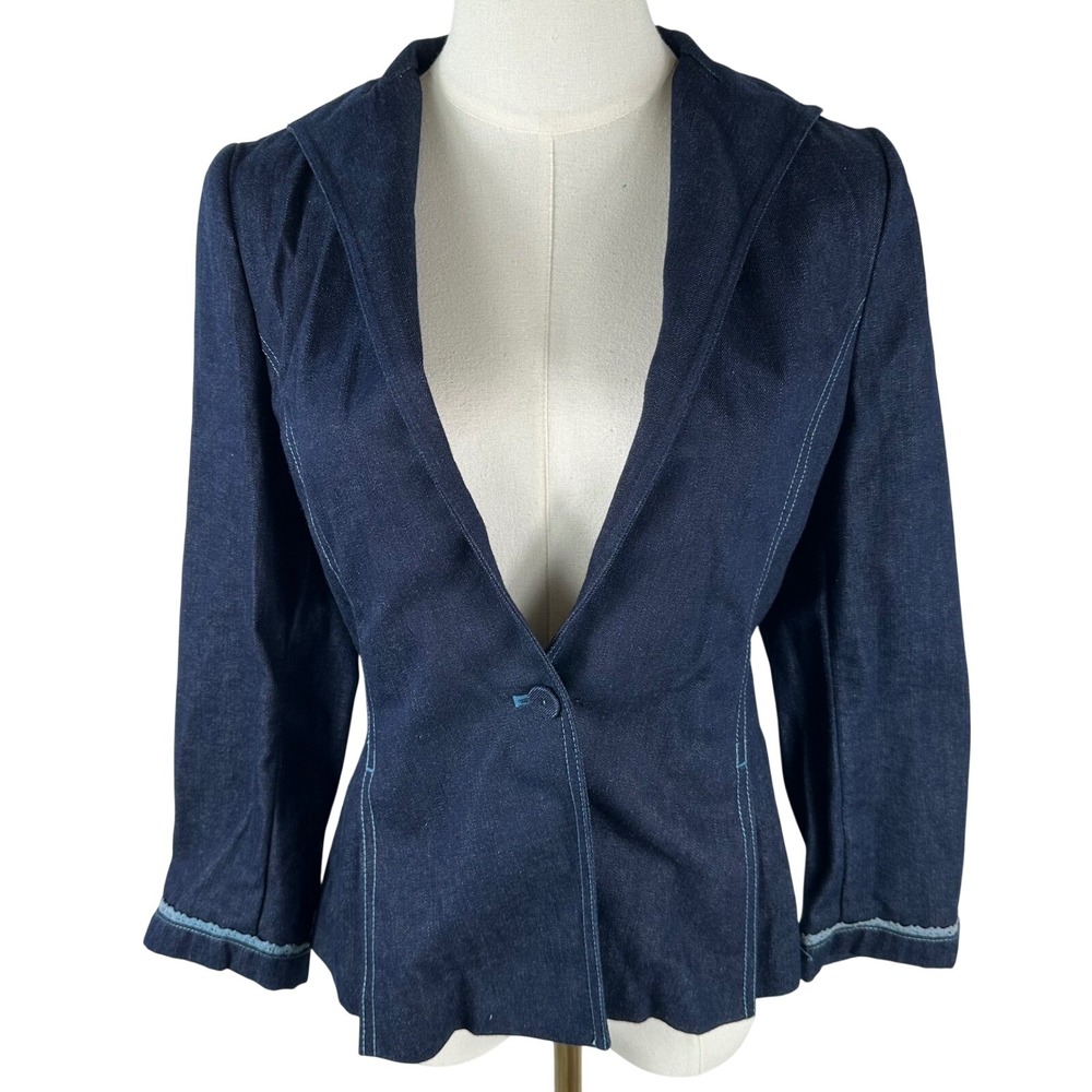 Vtg Obzee Denim Jacket Womens M 66 Blue Kangjinyoung Designer Peplum Structured